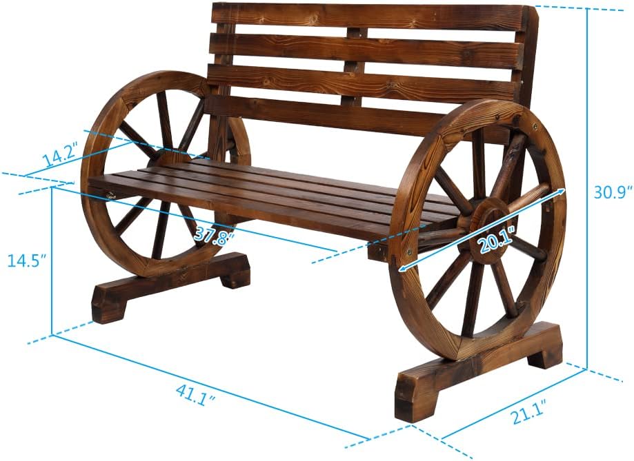 Wooden Wagon Wheel Bench,Rustic 2-Person Wooden Seat Wagon Wheel Bench with S...