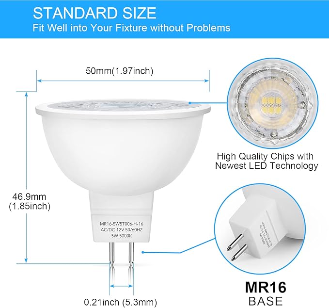 Mlambert 12 Pack MR16 LED Bulbs 50W Halogen Equivalent,5000K Daylight White,5...