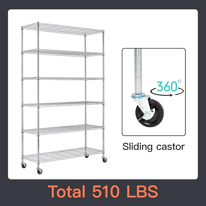 BestOffice | 6-Tier Wire Storage Shelves with Wheels | 18x48x82 | Chrome | Ad...