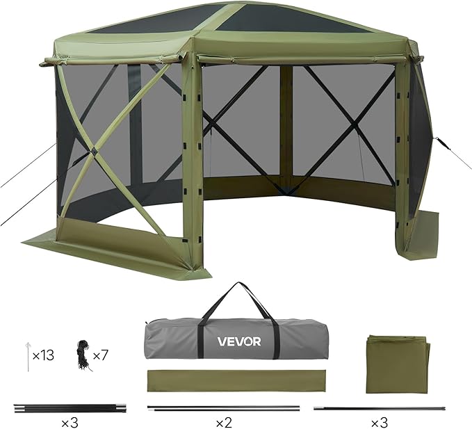 VEVOR Pop up Gazebo Screen Tent, 10 x 10 ft Large 6-Sided Camping Canopy Tent...