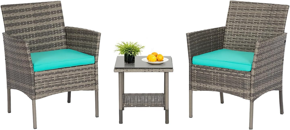 FDW 3-Piece Patio Furniture Set | Gray & Blue | Outdoor Wicker Furniture