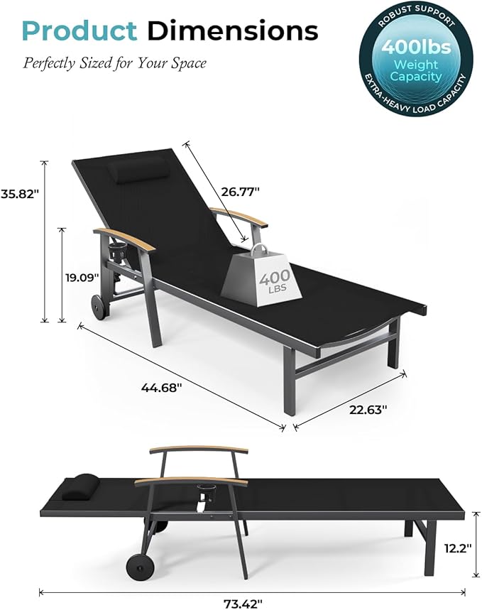 Ciokea Outdoor Lounge Chair with Pillow Set of 2, 5-Position Aluminum Chaise ...