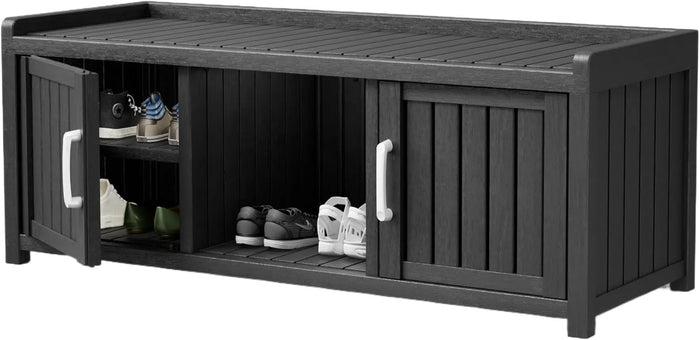 Storage Bench - Waterproof Resin Shoe Bench with Adjustable Shelves - Indoor & Outdoor Use, 2 Doors Entryway Bench with Hidden Storage Space - Storage Cabinet for Bedroom, Hallway, Black