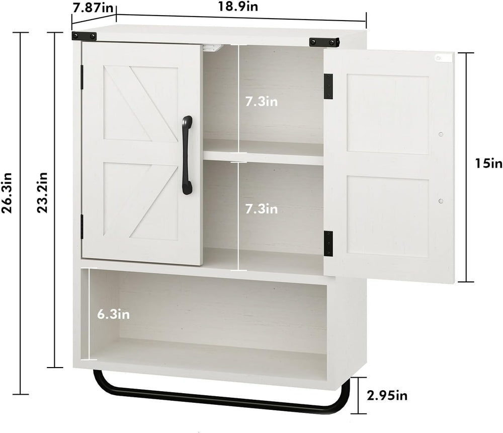 RUSTOWN Farmhouse Wall Storage Cabinet with 2 Barn Door & Towel Rack
