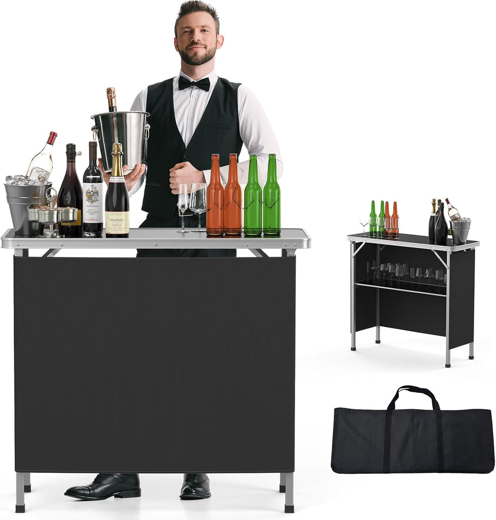 VINGLI Portable Bar Table, 2-Tier Shelves, Mobile Bar Table for Events, Party...