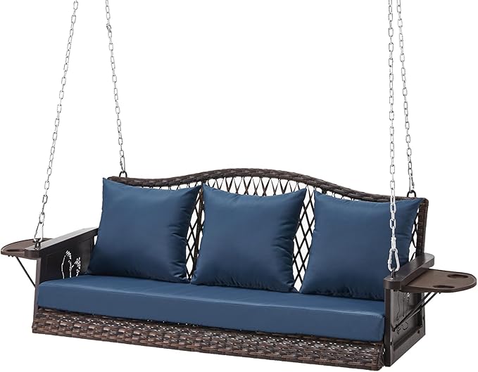 Upgraded Wicker Hanging Porch Swing Heavy Duty 900 LBS 3-Seat Outdoor Patio S...