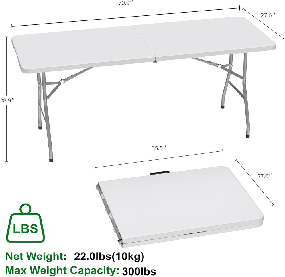 Allpop 6Ft Folding Table for Indoor Outdoor, Fold-in-Half Portable Plastic Di...
