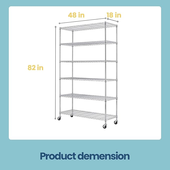 BestOffice | 6-Tier Wire Storage Shelves with Wheels | 18x48x82 | Chrome | Ad...