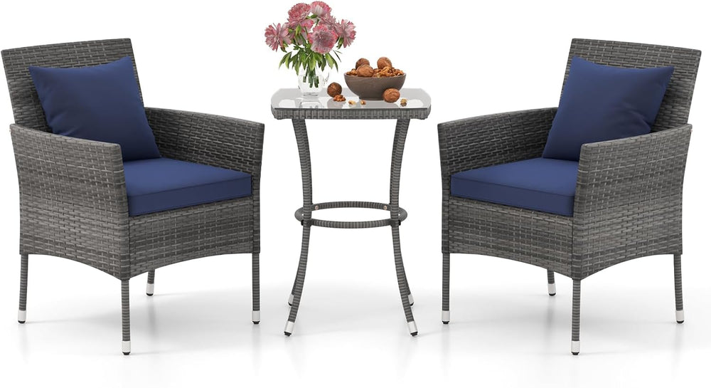 Tangkula 3-Piece Patio Furniture Set, PE Wicker Conversation Bistro Set w/A T...
