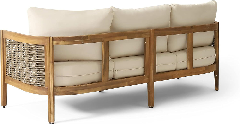 Burchett Outdoor 3 Seater Sofa with Cushions - Acacia Wood and Round Wicker -...
