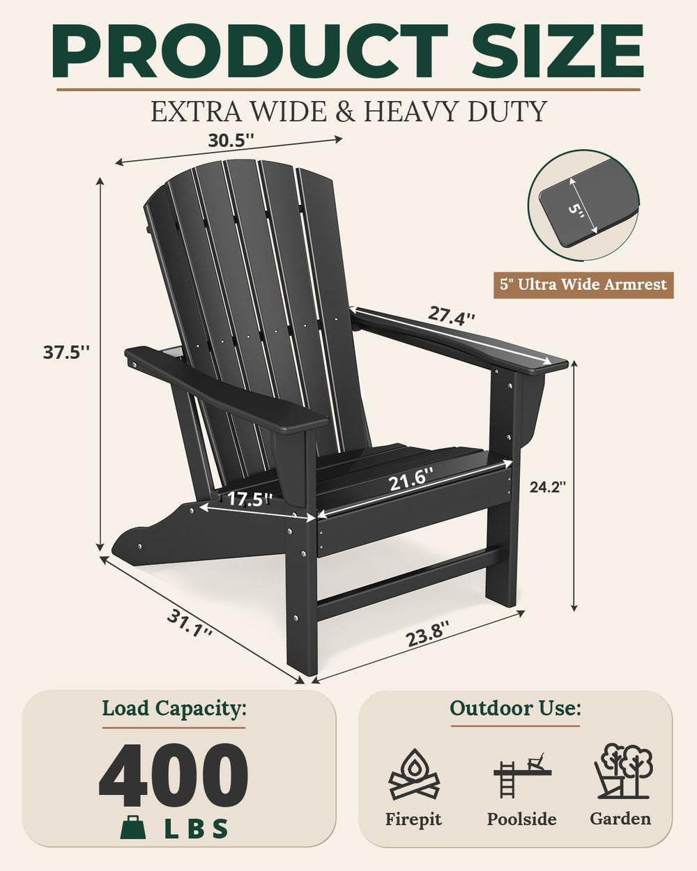 BRIOPAWS Oversized-Adirondack-Chairs Set of 2 | HDPE | All Weather | Black