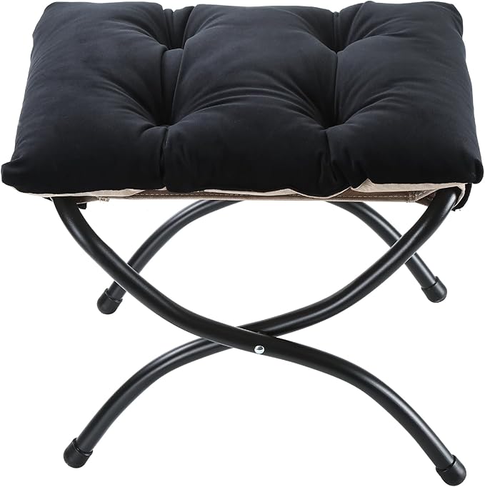15" Foldable Foot Stool Ottoman with Metal Frame - Washable Black Uphols...