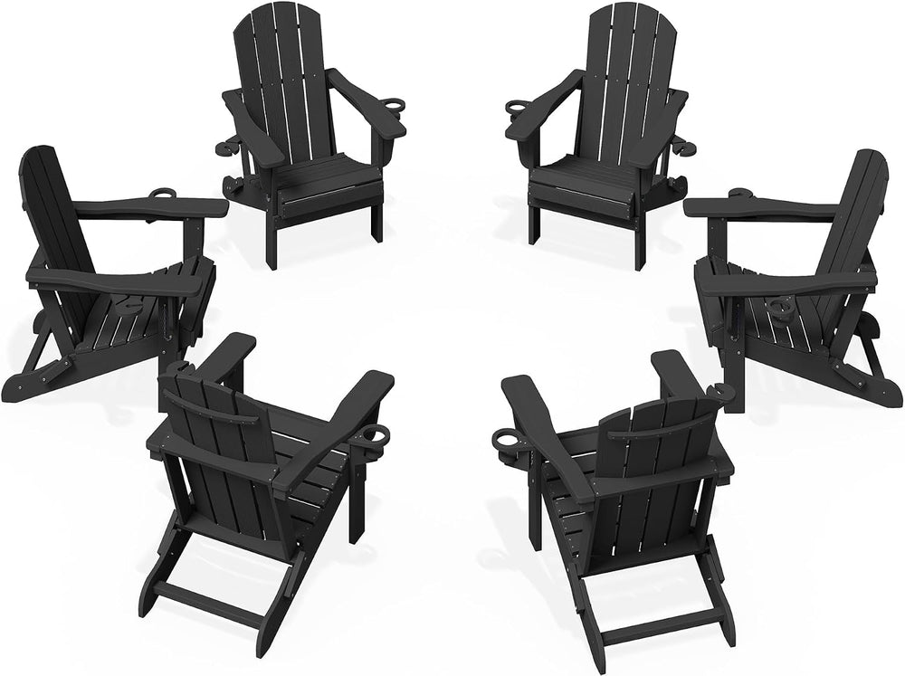 KINGYES Folding Adirondack Chair Set of 6 with 2 Cup Holders, Black