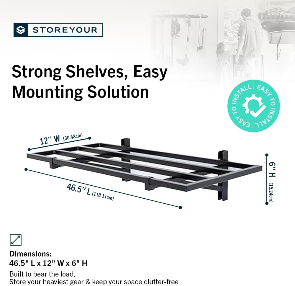 StoreYourBoard Garage Wall Shelf, 1x4 ft, Holds 400 lb, 6 Hooks, 2 Pack