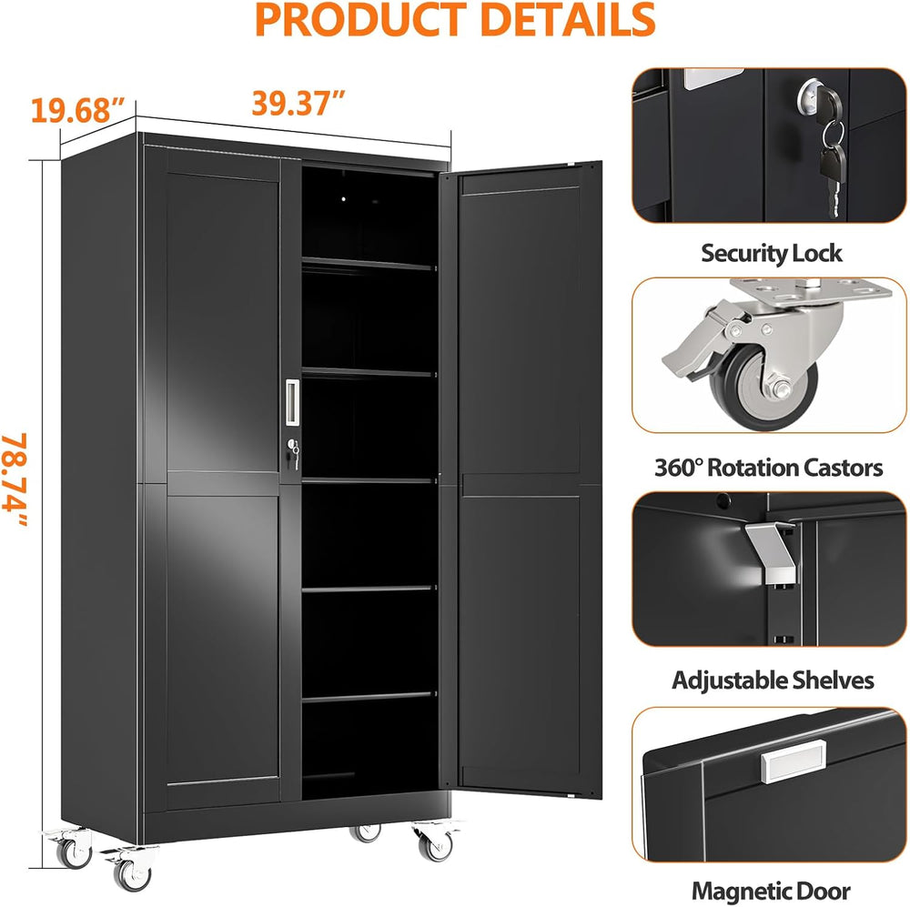 78.74" Tall Metal Garage Storage Cabinet with Wheels, Black