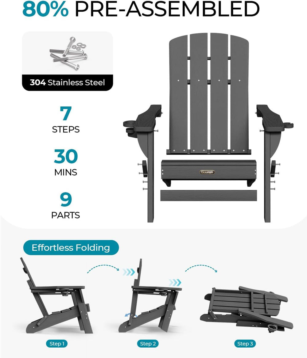 Folding Adirondack Chair, HDPE Adirondack Chairs with 2 Cup Holder, Plastic A...