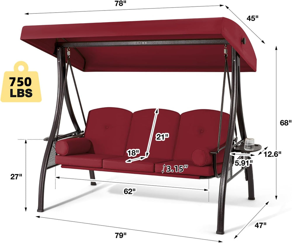 3 Person Porch Swing with Adjustable Canopy, Patio Swing with Stand