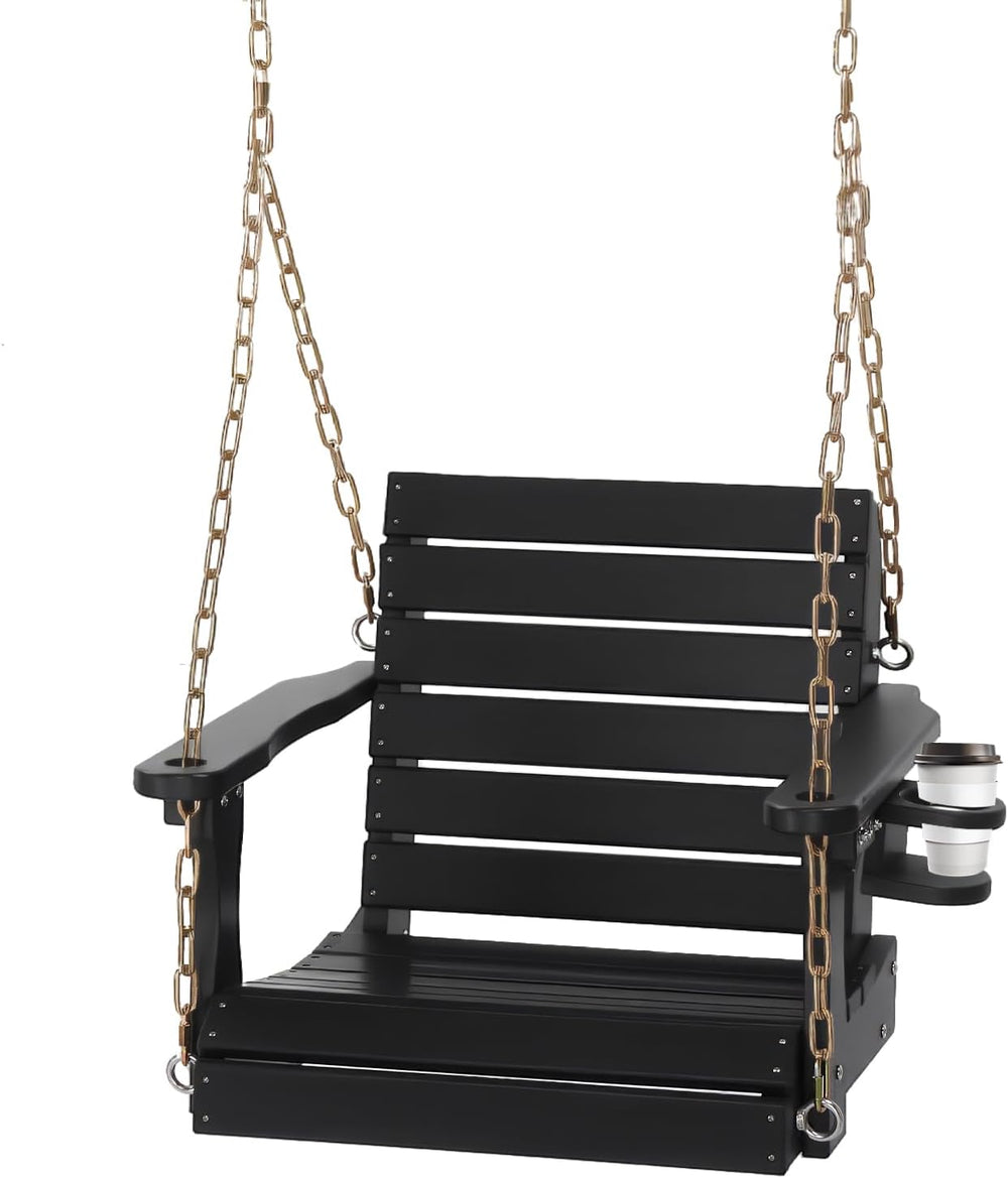 VINGLI 2.2FT HDPE Porch Swing with Cup Holder, Porch Swing Chair, Black