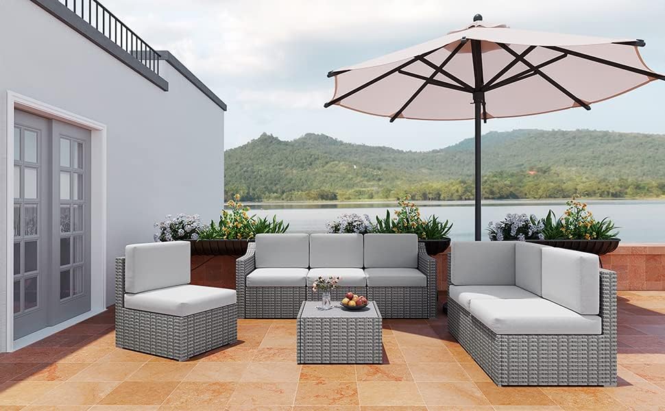 HAPPATIO 7 Piece Patio Conversation Set,Rattan Wicker Outdoor Sectional Sofa,...