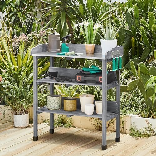 Yaheetech Potting Bench Outdoor Console Table w/3-Tier Storage,Gray