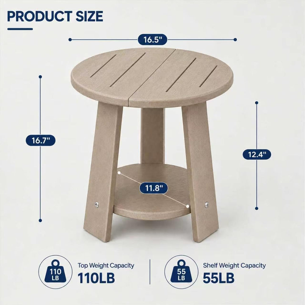 Round Outdoor Side Table, 2-Tier Small HDPE Side Table, Brown