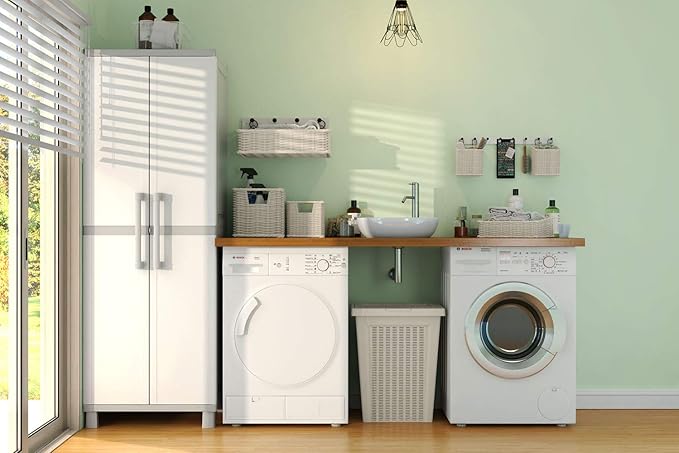 Keter Storage Cabinet with Doors and Shelves for Laundry Room, Garage, Bathro...