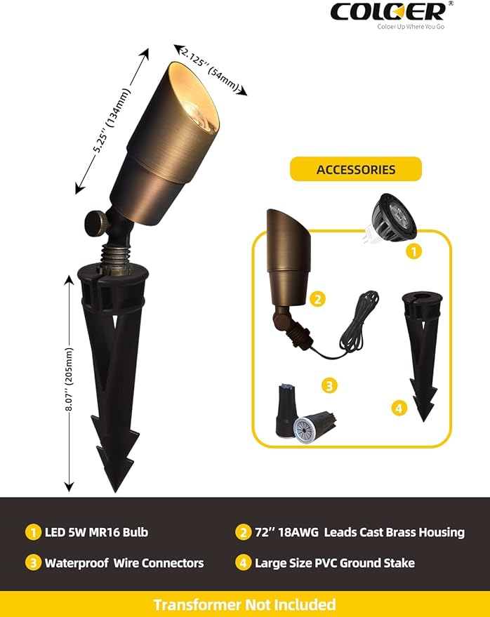 COLOER Die-cast Brass Low Voltage Spotlight 1-Pack with 5W Aluminum Housing M...