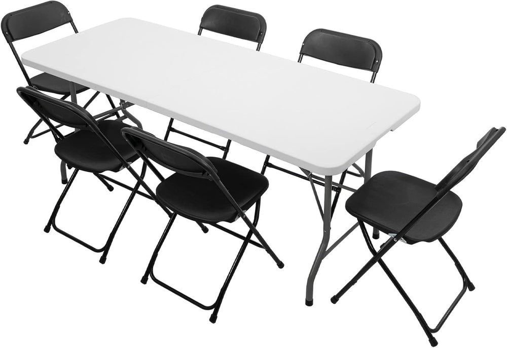 VINGLI 6 FT Plastic Folding Table Set with 6 Black Folding Chairs for Picnic,...