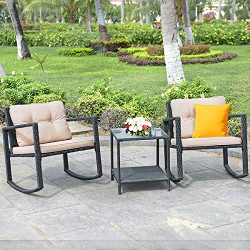 Tangkula 3-Piece Patio Rocking Bistro Set with Soft Cushions, Beige