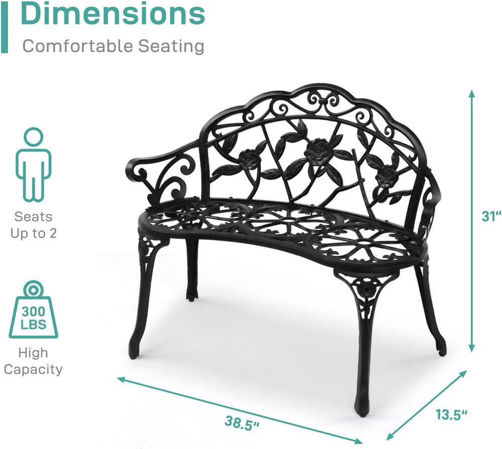 Patio Garden Bench, 38" Cast Aluminum Outdoor Chair Anti-Rust Weather Re...
