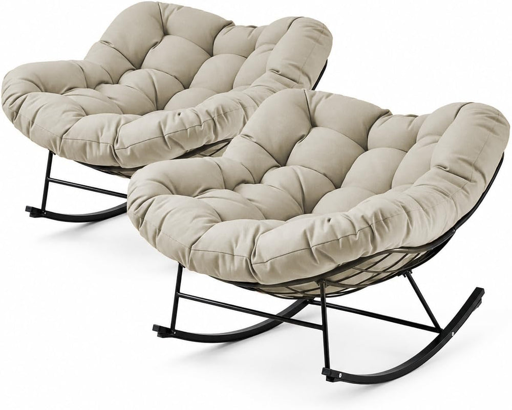 JEAREY Papasan Rocking Chairs Set of 2, Oversized Egg Chairs, Beige