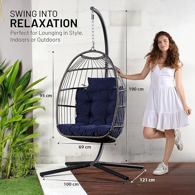 SereneLife Hanging Egg Chair with Stand - Wicker Rattan Swing