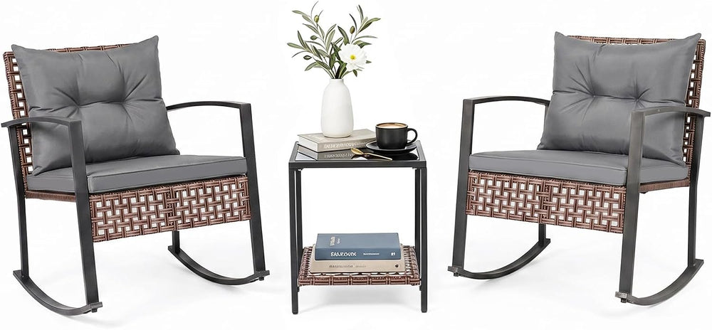 Tangkula 3-Piece Outdoor Rocking Chair Set w/ 2-Tier Glass-Top Side Table