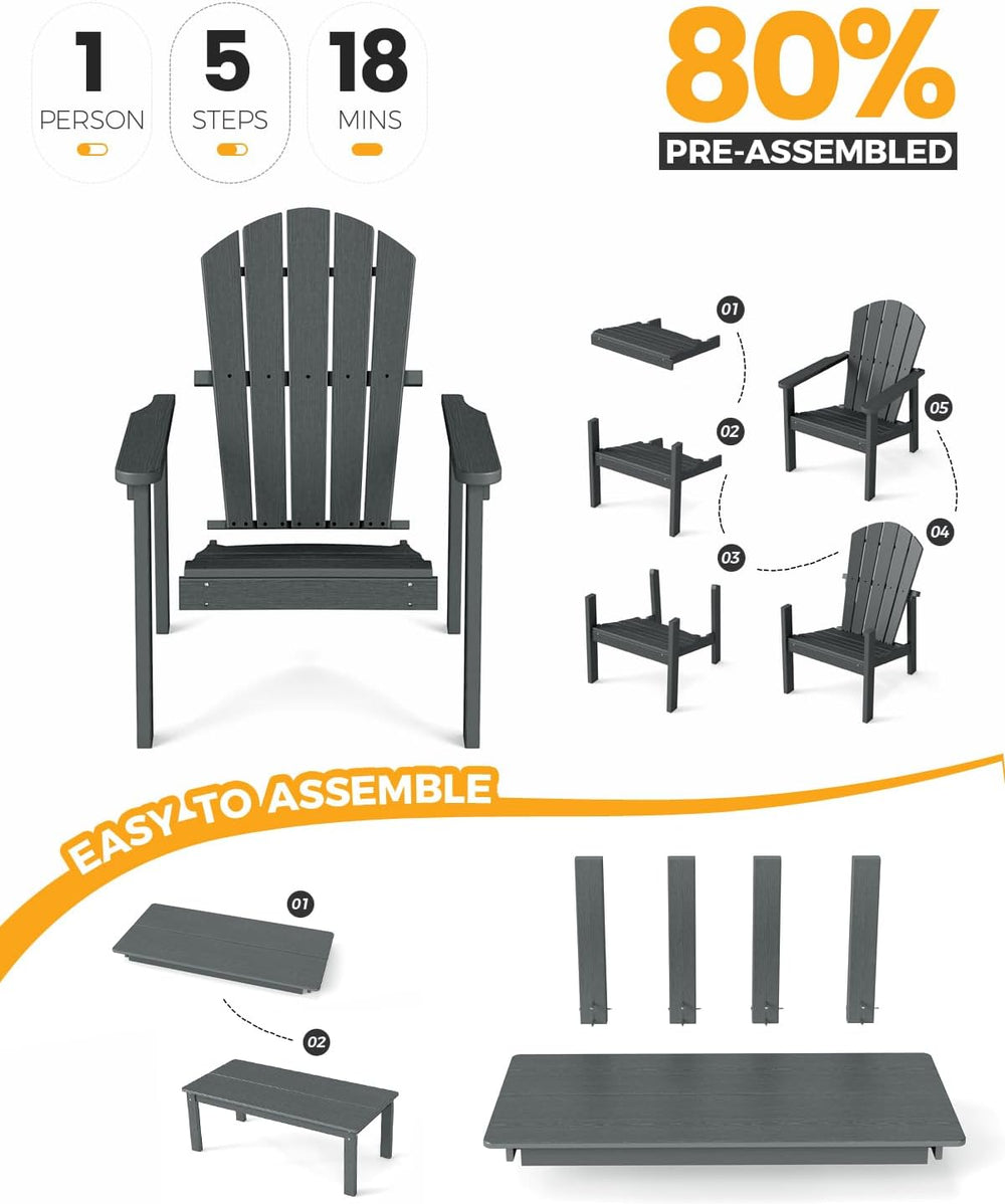 Stackable Adirondack set, 4 Chair with Table, Patio set, Grey