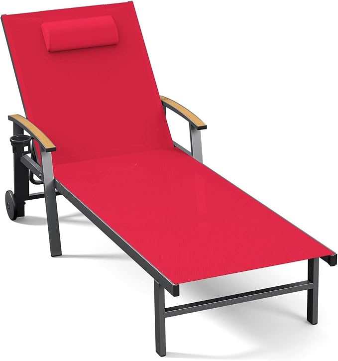 Ciokea Outdoor Lounge Chair with Pillow, 5-Position Aluminum Chaise Lounge wi...