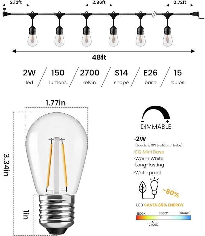 Svater 48 FT Outdoor String Lights 2W, Commercial Grade Patio Light with 15 p...