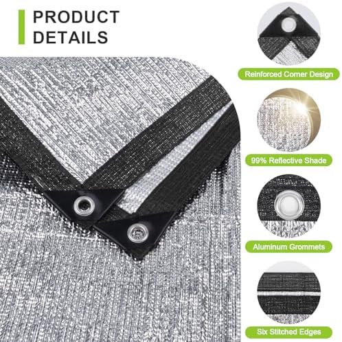SUNNY GUARD 99% Aluminum Sun Shade Cloth, 8x8FT Heat Reflective Tarp
