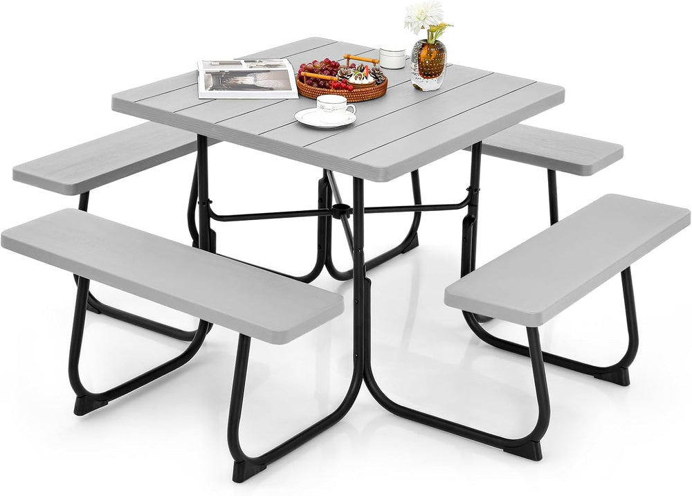Tangkula 8 Person Square Picnic Table with 4 Built-in Benches, Grey