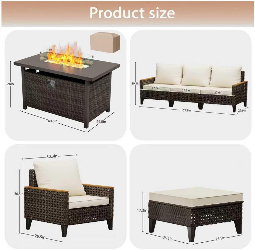 8 Piece Patio Sectional Sofa Set with 50000 BTU Fire Pit Table, All-Weather W...