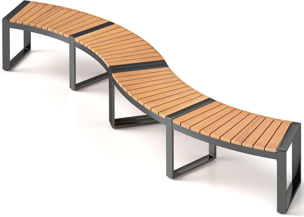 Tangkula Acacia Wood Metal Curved Bench, Fire Pit Patio Bench for 2, 2 Pack