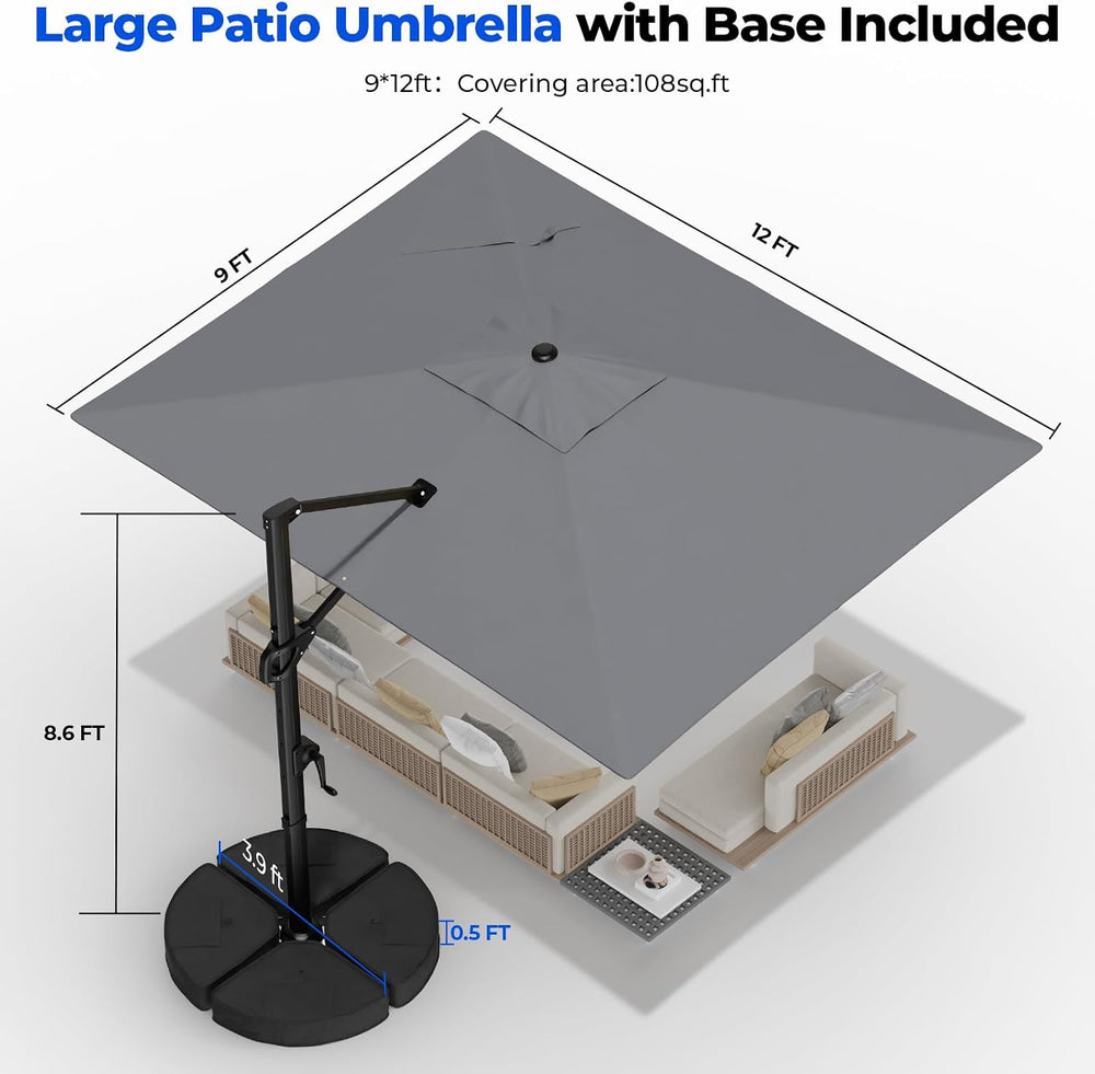 9x12 FT Cantilever Patio Umbrella with Base Included, Grey