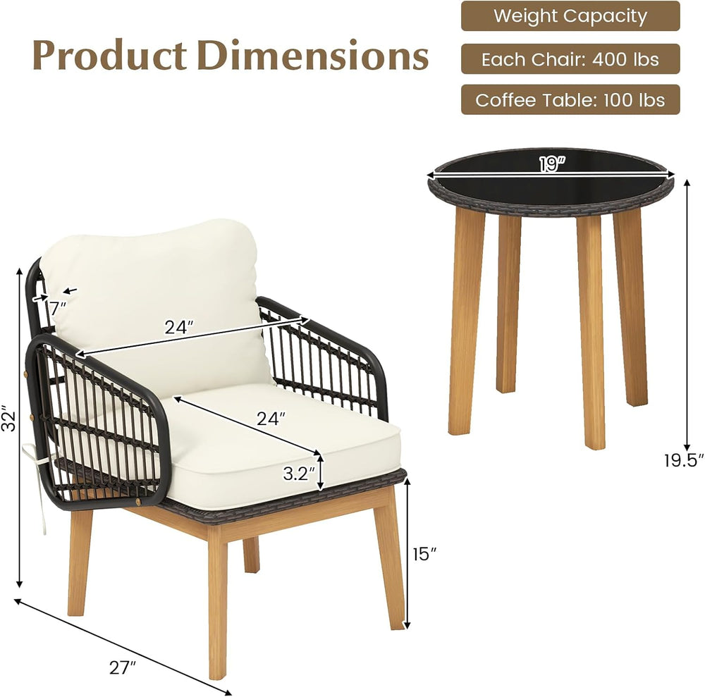 Tangkula 3 Piece Patio Chair Set, Wicker Chair & Side Table Set with Soft...