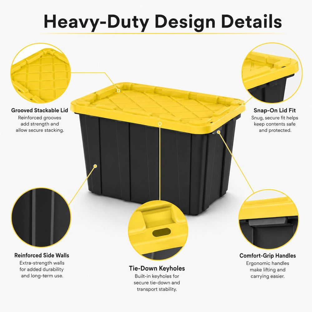 6-Pack 27Gal Stackable Storage Bins with Lids, Heavy Plastic, Black Yellow