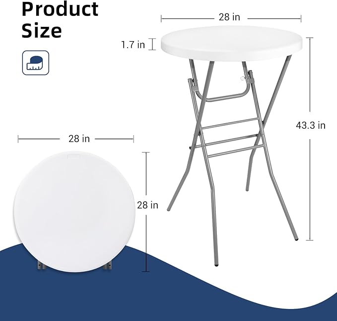 28in Cocktail Table White High Top Folding, Round Portable Bar Height Folding...