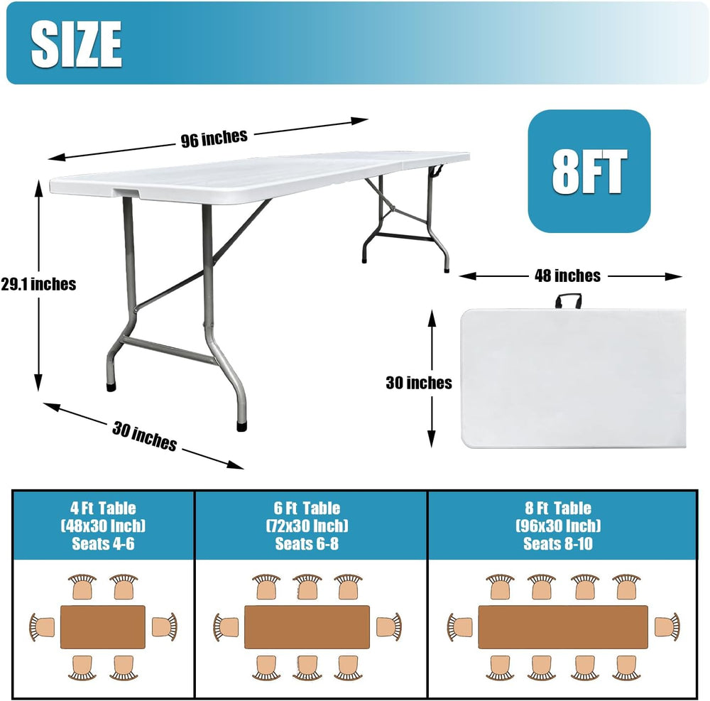 Folding Table 8ft, Heavy Duty Foldable Plastic 8 Foot Banquet Table