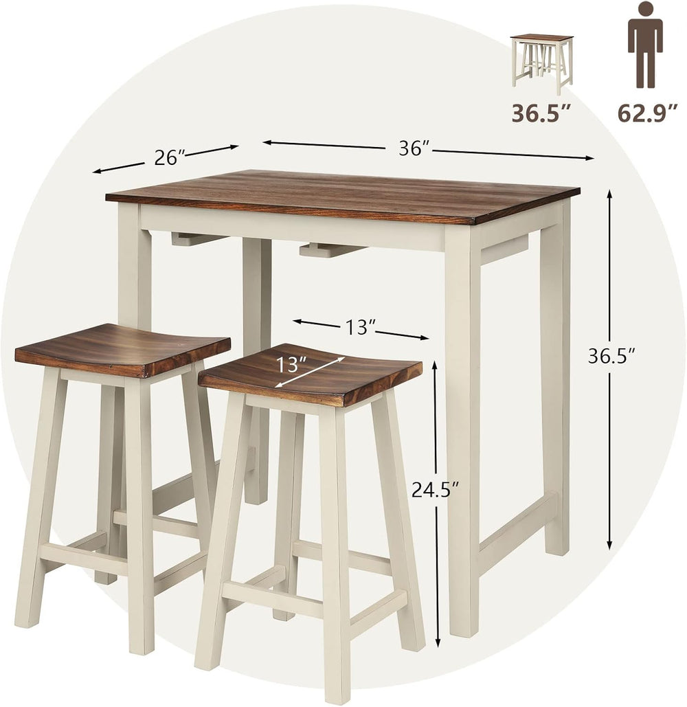 COSTWAY 3 Pieces Dining Set, Counter Height Pub Table with 2 Saddle Stools