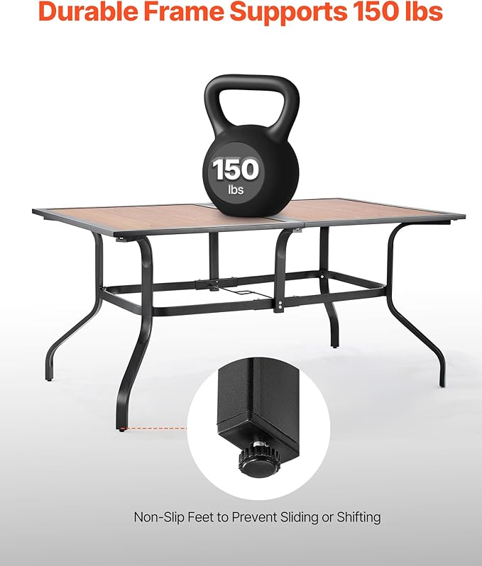 VEVOR Outdoor Patio Dining Table, 59 inch Long Rectangular Wood-Like Steel Sl...