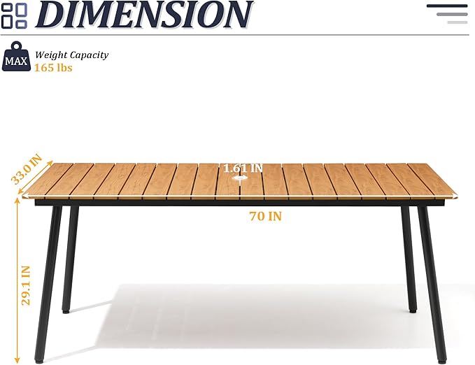 70" Patio Outdoor Dining Table for 4-6, Weather-Resistant Wood-Grain Top...