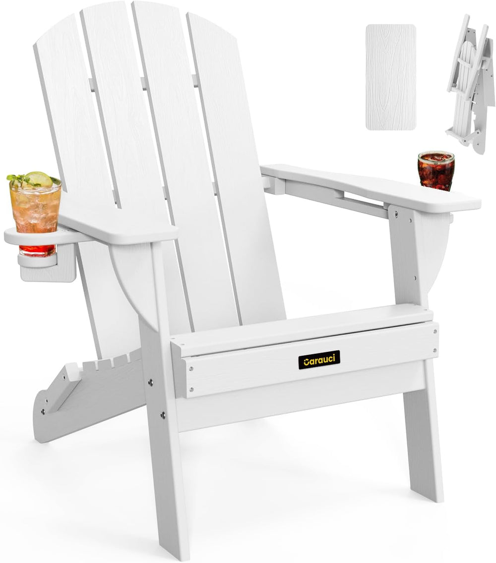 Folding Adirondack Chair, Wooden Textured Plastic Adirondack Chairs with 2 Cu...