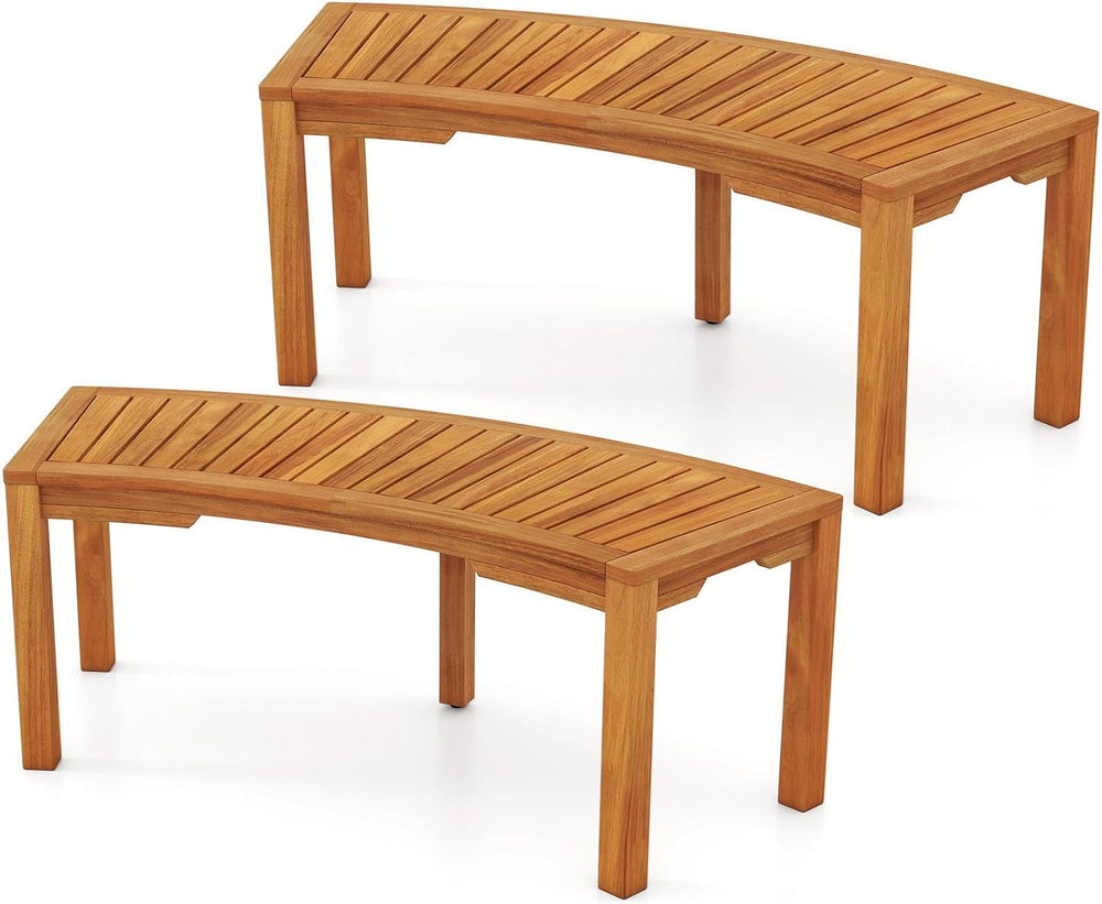 RELAX4LIFE Wooden Outdoor Curved Bench - Acacia Wood Garden Bench w/Slatted S...